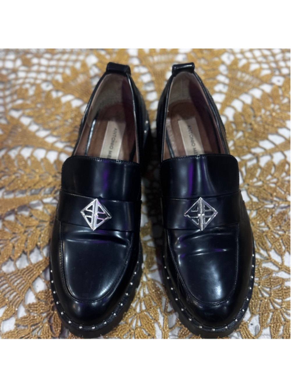 Antonio Melani Black Loafer with Silver Studded Hardware Size 7